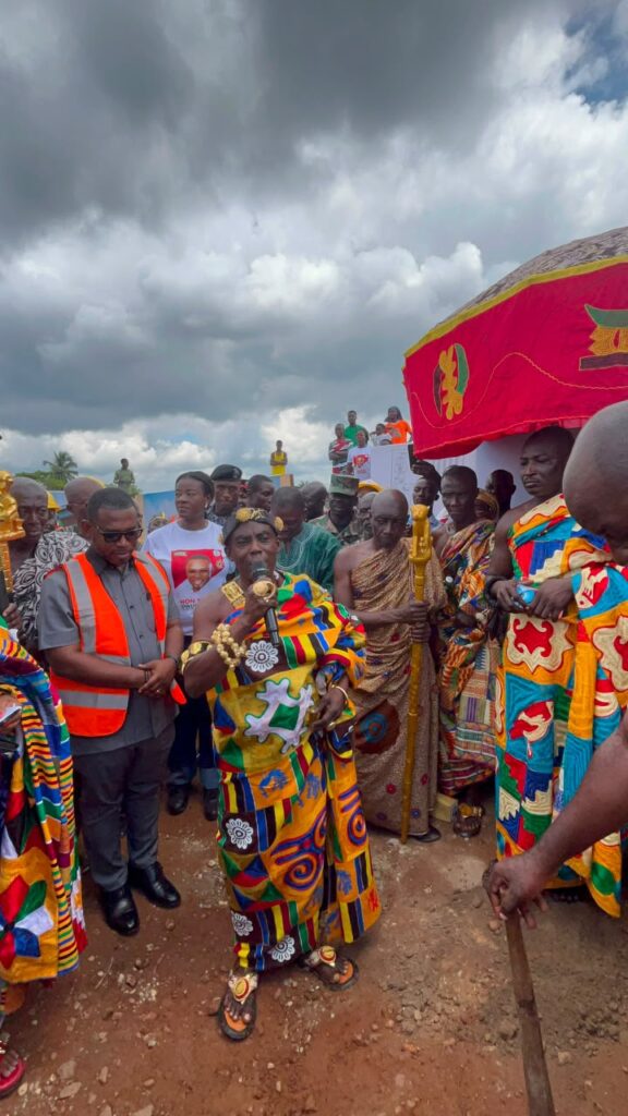 Traditional authorities, Assembly Members, and other government officials in a picture with the DCE during the sod-cutting ceremony for the Akim Achiase market project.
