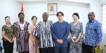 Hon. Sampson Ahi, Deputy Minister for Trade, Agribusiness and Industry, with Mr. Uchiyama Takayuki, Chief Representative of JICA in Ghana, and Team