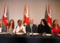 From left: Kayleigh Corbin, Jade Belgrove, Kemi Badenoch, Kieran Mullan, Sarah Wilson, Carol Higgins and Vicki Crawford at a press conference about the Sentencing Act