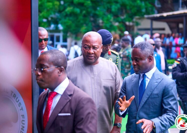 President John Dramani Mahama joins Health Minister Kwabena Mintah Akandoh, Ghana Medical Trust Fund officials, and Korle-Bu Teaching Hospital management at the commissioning of the hospital’s new Cardiac Catheterisation Laboratory.