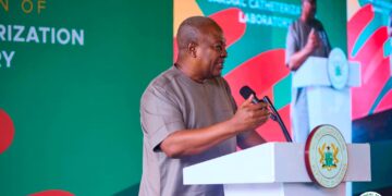 President John Dramani Mahama spoke at the commissioning of the Ghana Medical Trust’s Cardiac Catheterisation Laboratory at the National Cardiothoracic Centre, Korle-Bu Teaching Hospital, restoring critical cardiac care capacity lost in the March 2025 fire.