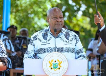 President John Dramani Mahama delivers a tribute during the wreath laying and memorial service for former President John Evans Atta Mills at Asomdwee Park, reaffirming his commitment to uphold the late statesman's legacy of integrity, humility, and national unity.