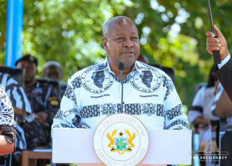 President John Dramani Mahama delivers a tribute during the wreath laying and memorial service for former President John Evans Atta Mills at Asomdwee Park, reaffirming his commitment to uphold the late statesman's legacy of integrity, humility, and national unity.