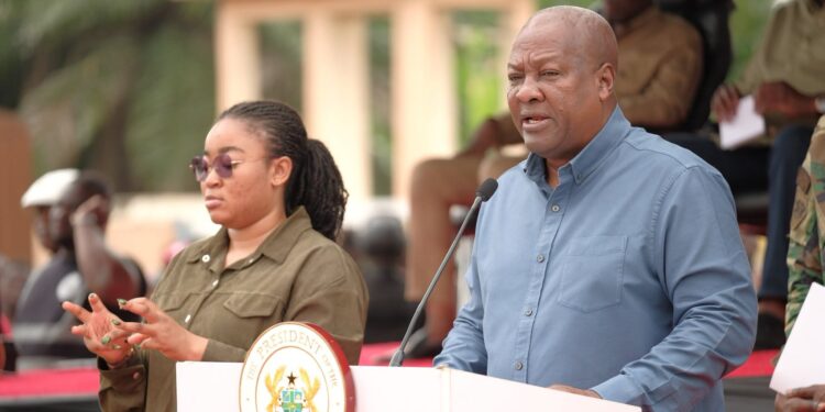 Mahama Vows Fair Share of Development for Volta Region 1 President John Dramani Mahama addresses residents at Juapong during the sod-cutting ceremony for the town’s new 24-hour economy market, the first stop of his ResettingGhana Tour of the Volta Region.