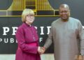President John Dramani Mahama and Archbishop Sarah Mullally exchange pleasantries during her courtesy call at the Presidency, Accra, on the first stop of her 10-day tour of the Church of the Province of West Africa