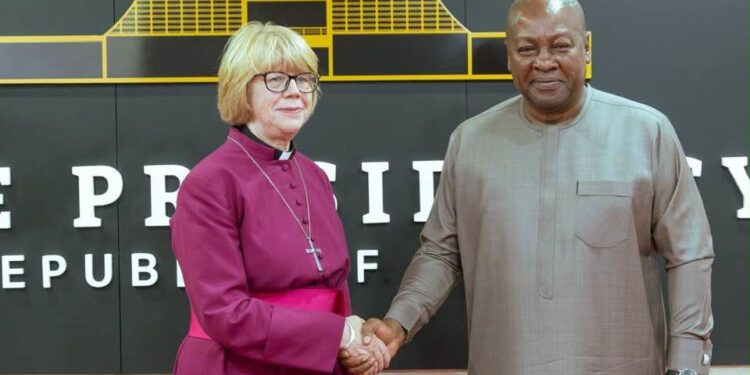 President John Dramani Mahama and Archbishop Sarah Mullally exchange pleasantries during her courtesy call at the Presidency, Accra, on the first stop of her 10-day tour of the Church of the Province of West Africa