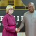 President John Dramani Mahama and Archbishop Sarah Mullally exchange pleasantries during her courtesy call at the Presidency, Accra, on the first stop of her 10-day tour of the Church of the Province of West Africa