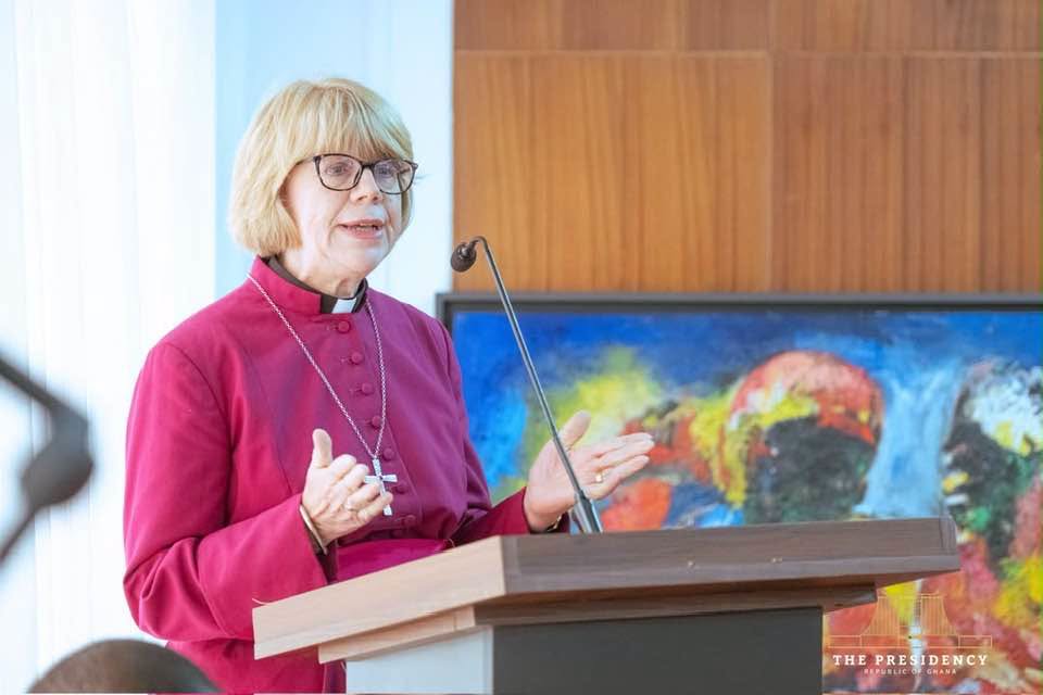 Archbishop Sarah Mullally speaking with President Mahama about her upcoming visit to Cape Coast, where the Church of Ghana's Heritage Anglican Culture Village and Resorts project will break ground.