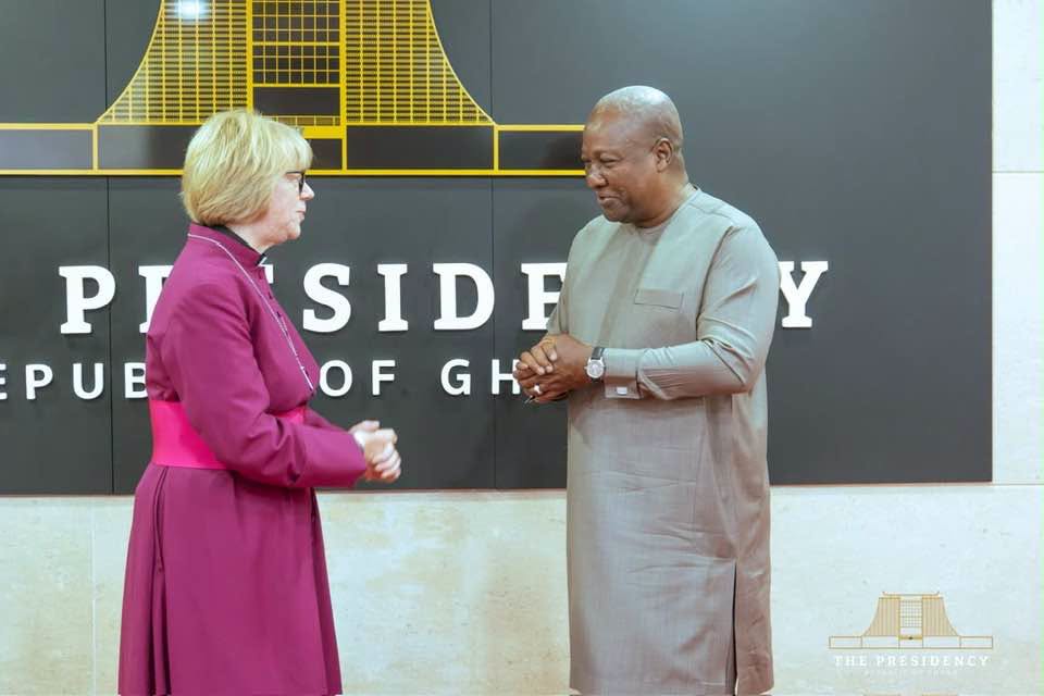 President John Dramani Mahama and Archbishop Sarah Mullally exchange pleasantries during her courtesy call at the Presidency, Accra, on the first stop of her 10-day tour of the Church of the Province of West Africa
