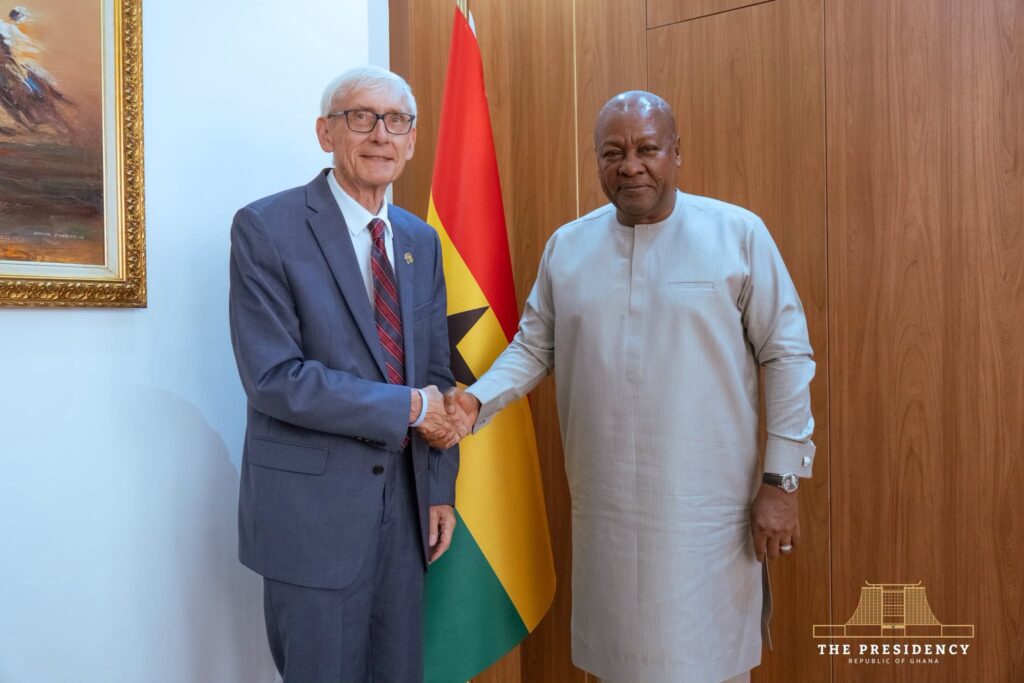 Mahama Meets Wisconsin Governor to Strengthen Trade Partnerships 4 President John Dramani Mahama with Governor Tony Evers of Wisconsin during a courtesy engagement at the Presidency, where both leaders discussed opportunities for shared economic growth.
