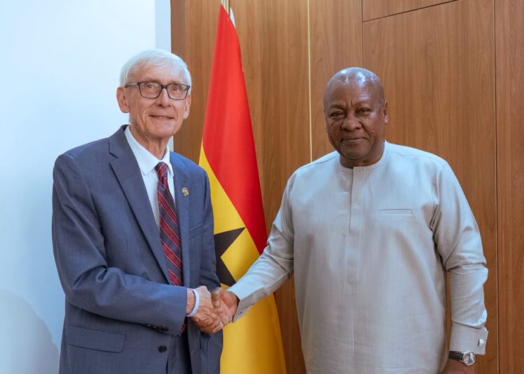 Mahama Meets Wisconsin Governor to Strengthen Trade Partnerships 1 President John Dramani Mahama welcomes Wisconsin Governor Tony Evers to the Presidency, Jubilee House, during a trade mission focused on expanding economic cooperation between Ghana and Wisconsin.