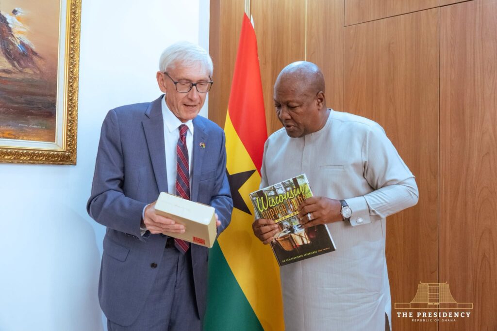 Mahama Meets Wisconsin Governor to Strengthen Trade Partnerships 2 President Mahama engages Governor Tony Evers of Wisconsin in discussions on trade, investment, agriculture, and business partnerships between Ghana and the United States.