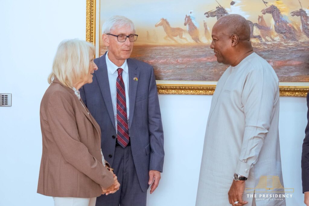 Mahama Meets Wisconsin Governor to Strengthen Trade Partnerships 3 President John Dramani Mahama with Governor Tony Evers of Wisconsin during a courtesy engagement at the Presidency, where both leaders discussed opportunities for shared economic growth.