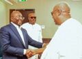Bawumia Urges President Mahama Not to Sign Tribunals Bill 6 President John Dramani Mahama and former Vice President Dr Mahamudu Bawumia shaking hands at a public event