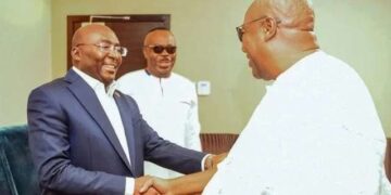 President John Dramani Mahama and former Vice President Dr Mahamudu Bawumia shaking hands at a public event