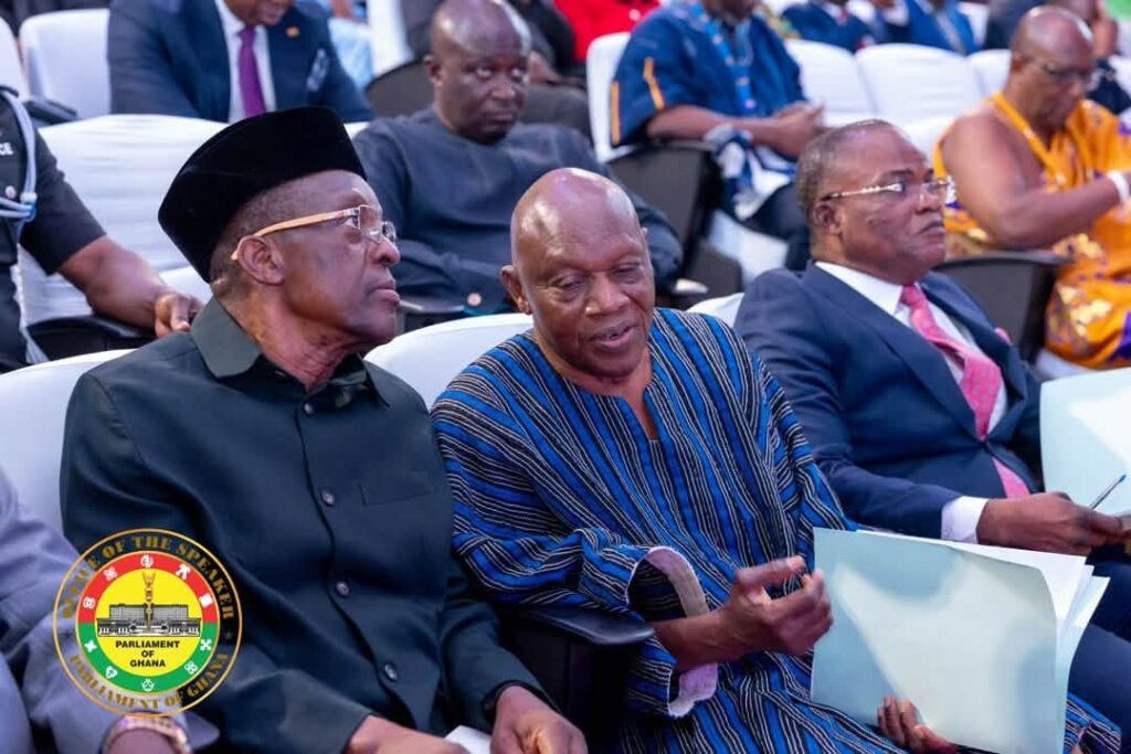 Dignitaries listen attentively as Chief Justice Paul Baffoe Bonnie speaks on integrity, accountability, and public trust during the National Integrity Awards launch.