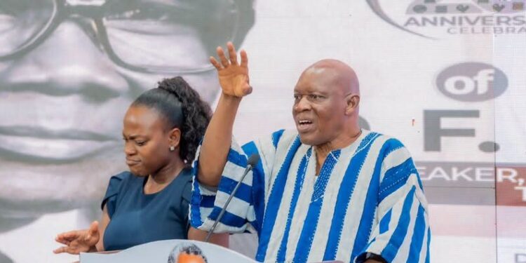 Retired Supreme Court Justice William Atuguba delivers the guest lecture at the Justice D.F. Annan memorial event, condemning the monetization of Ghana's political process and urging leaders to embrace principled public service.