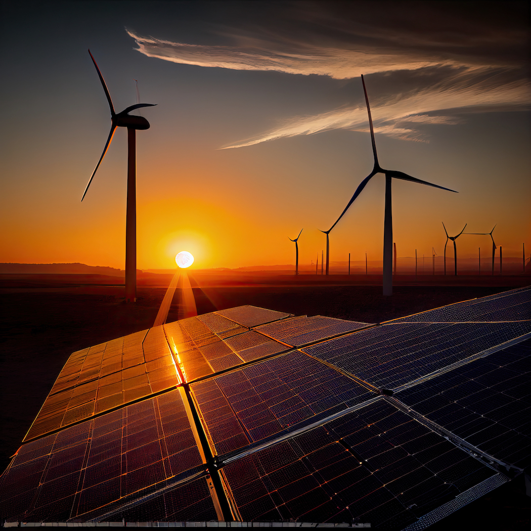 Global Renewable Surge Raises Stakes for Ghana’s Energy Transition 5 field solar panels with wind turbines sunset