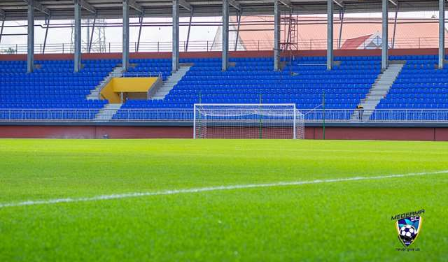 pitch side view of the TnA Stadium in Tarkwa