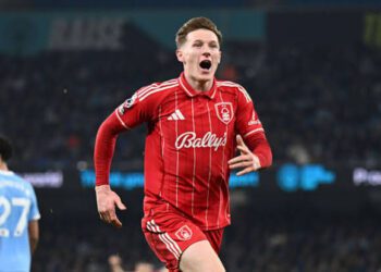 Elliot Anderson celebrates after scoring for Nottingham Forest