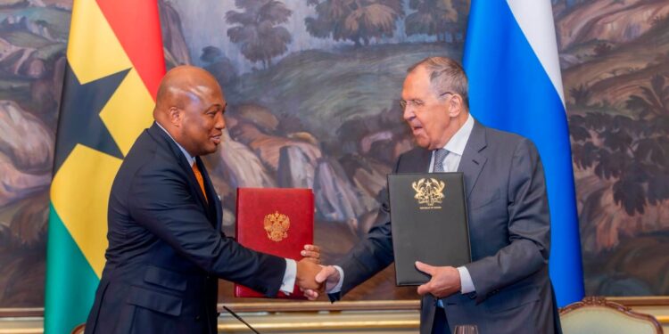 Ablakwa Secures Visa Waiver, Doubled Scholarships, and Defence Ratification in Russia 1 Foreign Affairs Minister Samuel Okudzeto Ablakwa, left, and Russian Foreign Minister Sergey Lavrov exchange the signed copies of the visa waiver agreement covering diplomatic and service passports. Photo: Ministry of Foreign Affairs