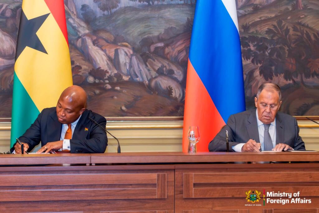 Ablakwa Secures Visa Waiver, Doubled Scholarships, and Defence Ratification in Russia 2 Ablakwa and Lavrov sign the visa waiver agreement, one of three outcomes from talks that also produced doubled Russian scholarships for Ghanaian students and a commitment to ratify a defence memorandum signed in 2016. Photo: Ministry of Foreign Affairs