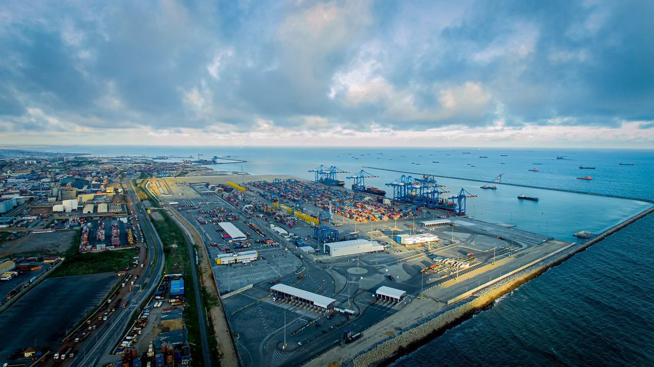 Aerial view of the container terminal at Tema Port in Ghana