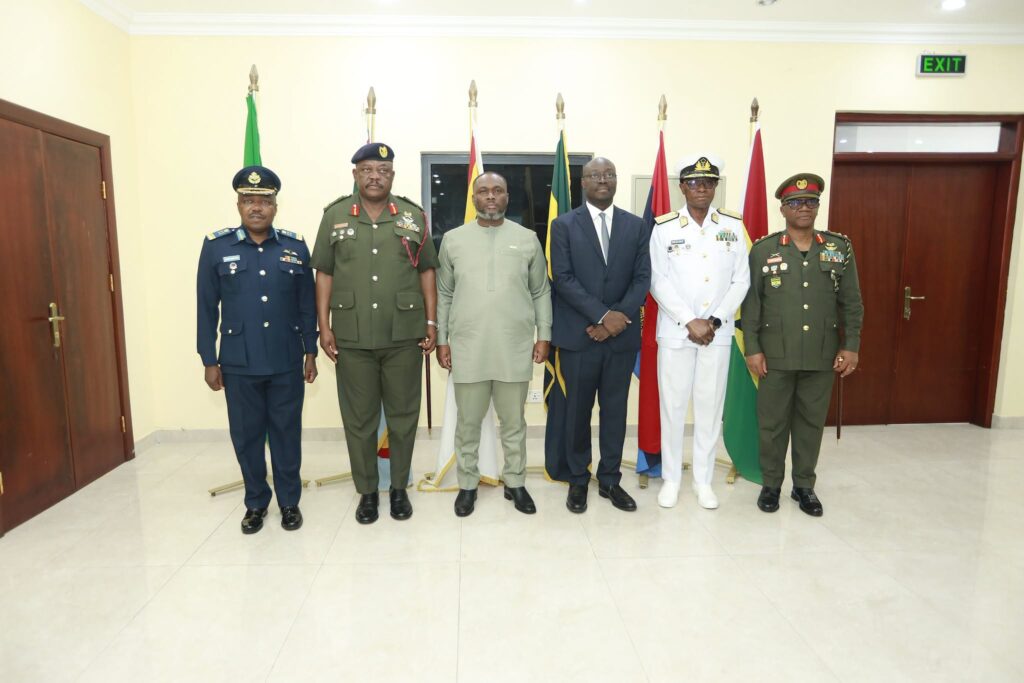 The two ministers with the service chiefs after the handover. From left: [confirm: Air Force officer], the Chief of the Defence Staff Lieutenant General William Agyapong, Kenneth Gilbert Adjei, Dr Cassiel Ato Forson, [confirm: Chief of the Naval Staff] and [confirm: Chief of the Army Staff]. Photo: Ministry of Defence