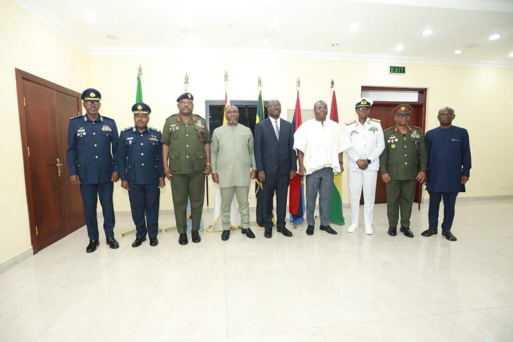 The two ministers with the service chiefs after the handover. From left: Chief of Air Force Air Vice Marshal Eric Agyen-Frempong, the Chief of the Defence Staff Lieutenant General William Agyapong, Kenneth Gilbert Adjei, Dr Cassiel Ato Forson, Deputy of Defence Ernest Brogya Gyenfi, Chief of the Naval Staff Rear Admiral Godwin Livinus Bessing, and Chief of the Army Staff Major General Lawrence Kwaku Gbetanu. Photo: Ministry of Defence