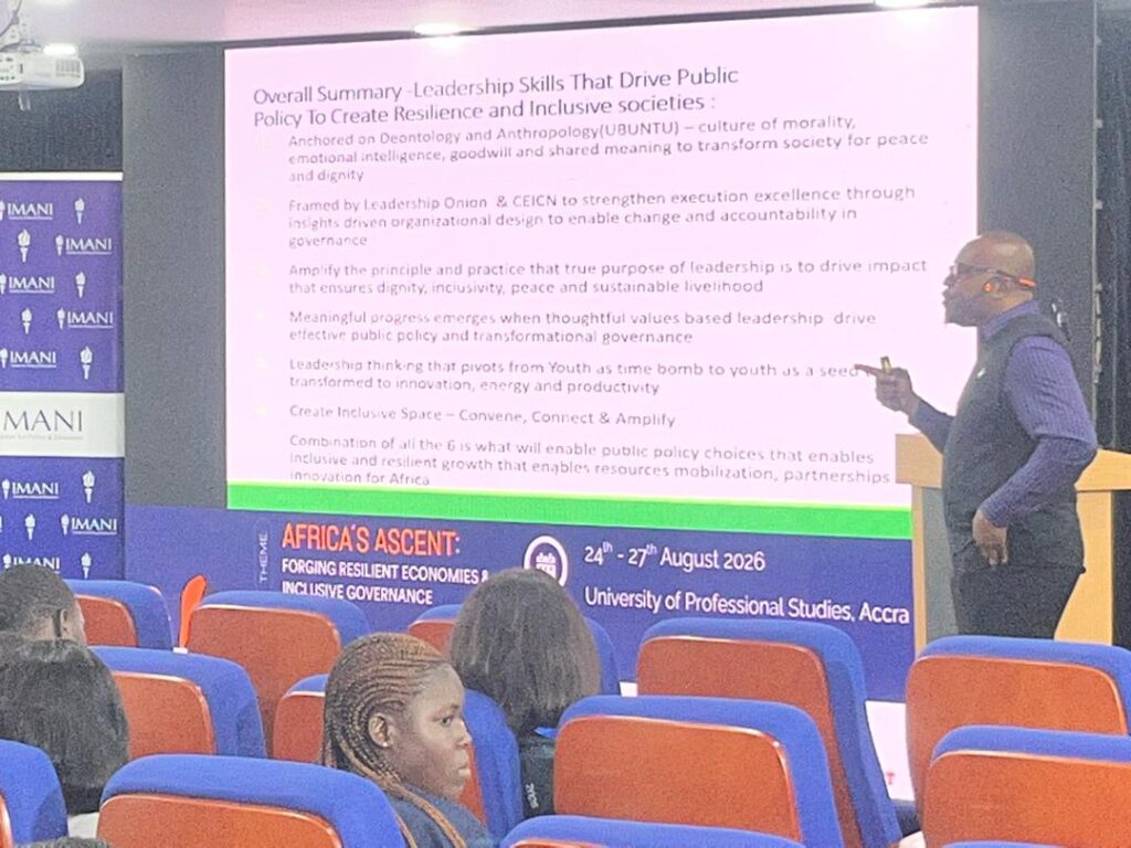 Ato Colman, Senior Fellow at the IMANI Centre for Policy and Education, addresses participants at SYPALA 2026, drawing on Sierra Leone's Ebola response to illustrate what he calls Ubuntu leadership.