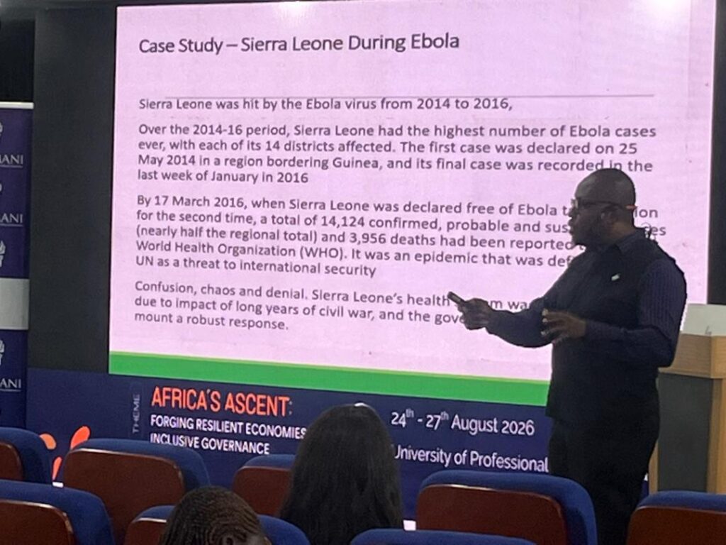 Ato Colman, Senior Fellow at the IMANI Centre for Policy and Education, addresses participants at SYPALA 2026, drawing on Sierra Leone's Ebola response to illustrate what he calls Ubuntu leadership.