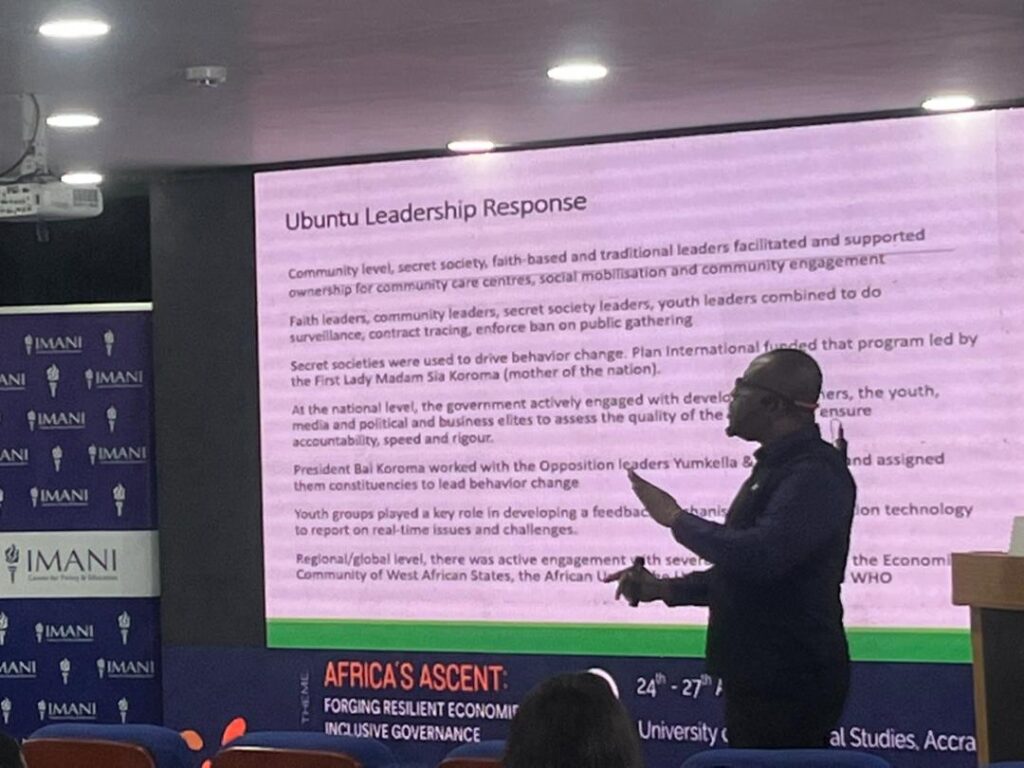 Ato Colman, Senior Fellow at the IMANI Centre for Policy and Education, addresses participants at SYPALA 2026, drawing on Sierra Leone's Ebola response to illustrate what he calls Ubuntu leadership.