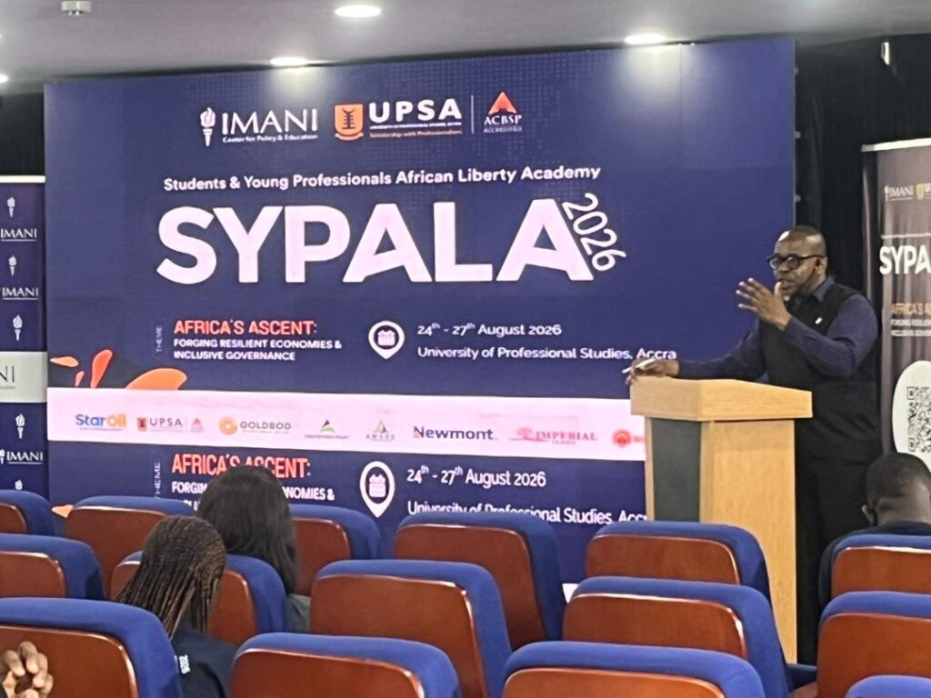 Ato Colman, Senior Fellow at the IMANI Centre for Policy and Education, addresses participants at SYPALA 2026, drawing on Sierra Leone's Ebola response to illustrate what he calls Ubuntu leadership.