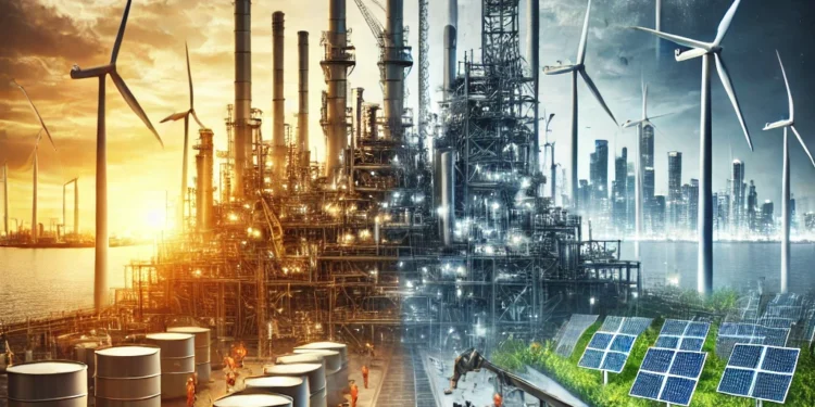 DALL·E 2025 02 12 10.44.26 A dramatic image of an oil refinery transitioning into a renewable energy facility. The scene features half of the refinery still operating with tradi 750x375 1
