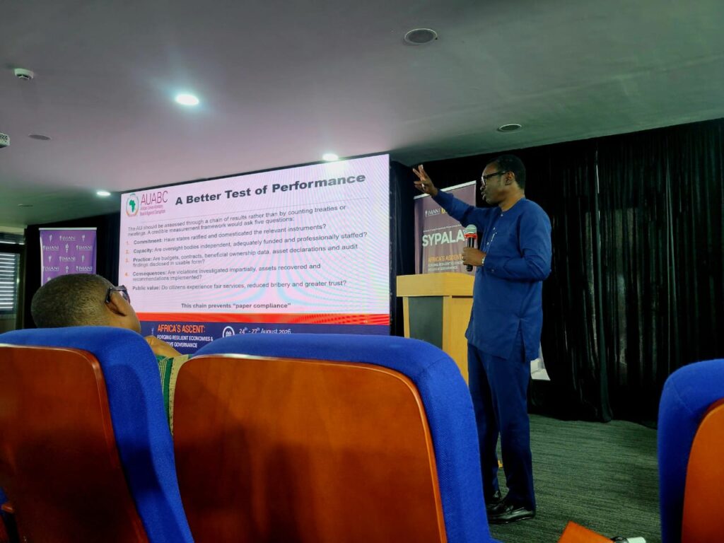 AUABC Chairperson Kwami Edem Senanu outlines a five-question framework for judging AU performance, from commitment and capacity to whether citizens actually experience fairer services, at SYPALA 2026.