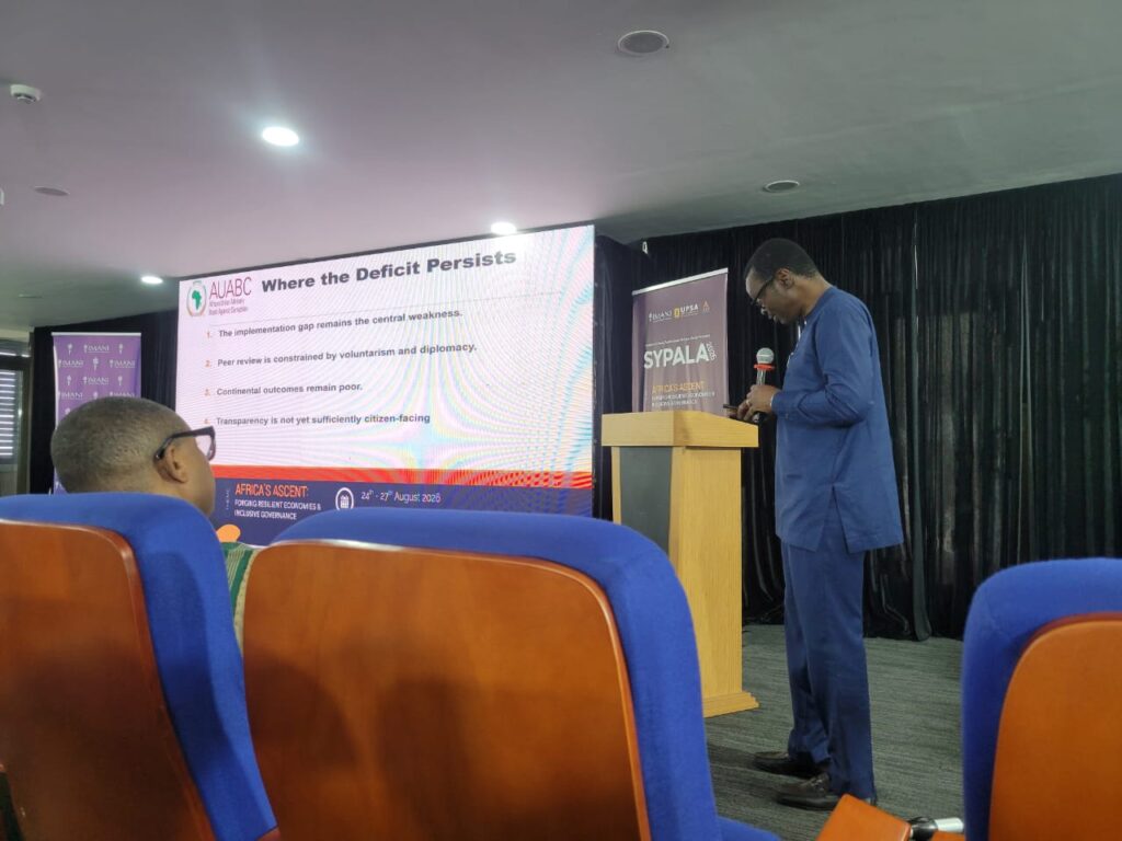 AUABC Chairperson Kwami Edem Senanu outlines a five-question framework for judging AU performance, from commitment and capacity to whether citizens actually experience fairer services, at SYPALA 2026
