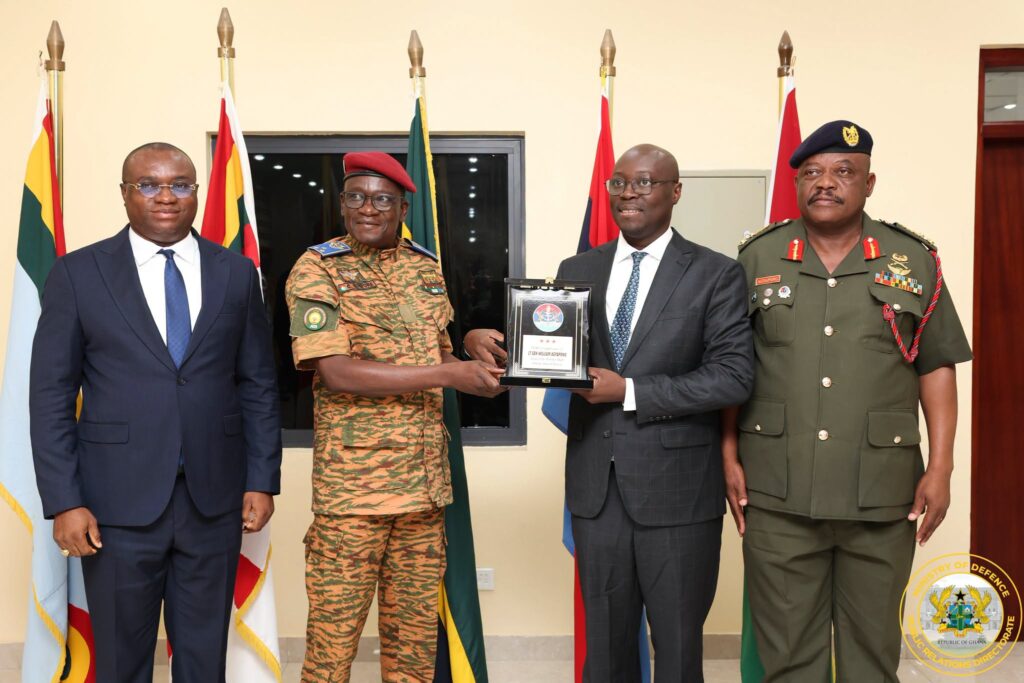 Ghana, Burkina Faso Sign Defence Pact To Secure Trade Corridors 4 Major General Célestin Simporé receives a plaque presented with the compliments of the Chief of the Defence Staff, Lieutenant General William Agyapong, right, with Dr Cassiel Ato Baah Forson, Deputy Minister Ernest Brogya Genfi and Chief of the Defence Staff, Lieutenant General William Agyapong