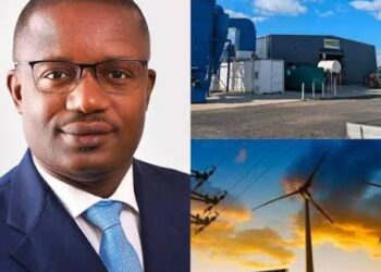 A picture showing the Energy and Green Transition Minister, John Abdulai Jinapor, a refinery, solar panels and grid lines