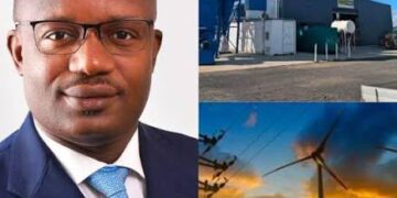 A picture showing the Energy and Green Transition Minister, John Abdulai Jinapor, a refinery, solar panels and grid lines