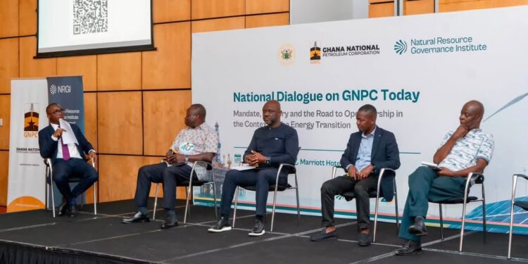 From the left, Mr Patrick Stephenson, Country Director for Ghana, NRGI, the moderator, and the panelists for the engagement, from the left: Mr Michael Aryeetey, Deputy CEO, Exploration&Production, GNPC, Mr Benjamin Boakye, Executive Director, ACEP, Mr Agyemang, Technical Director, PIAC and Dr Steve Manteaw, Co-Chair of GHEITI
