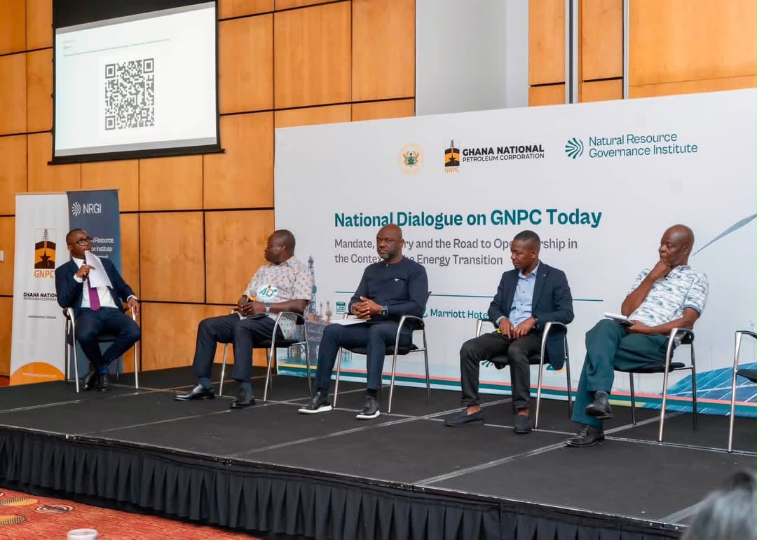 From the left, Mr Patrick Stephenson, Country Director for Ghana, NRGI, the moderator, and the panelists for the engagement, from the left: Mr Michael Aryeetey, Deputy CEO, Exploration&Production, GNPC, Mr Benjamin Boakye, Executive Director, ACEP, Mr Agyemang, Technical Manager, PIAC and Dr Manteaw, GHEITI
