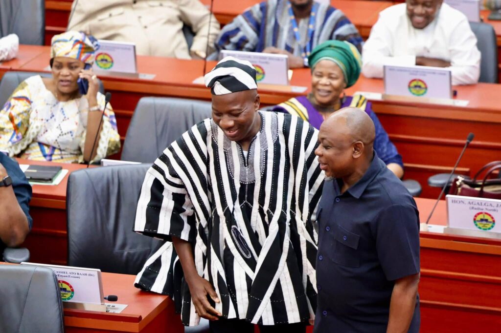 James Agalga has accepted the office of Majority Leader, exchanging pleasantries with the Bawku Central MP, Hon. Mahama Ayariga