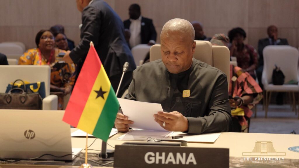 Mahama Lists Reparations Gains Since Ghana's Landmark United Nations Resolution 2 President John Dramani Mahama reviews his notes at Ghana's seat during the 21st Extraordinary Session of the African Union Assembly in Luanda on Sunday. Photo: The Presidency