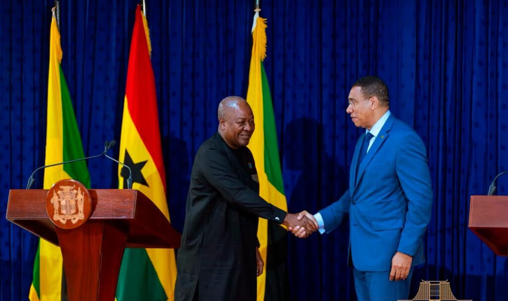 President John Dramani Mahama and Jamaican Prime Minister Andrew Holness shake hands following their joint media statement, reaffirming a renewed commitment to stronger Ghana–Jamaica relations, expanded economic cooperation and enduring Pan-African solidarity.