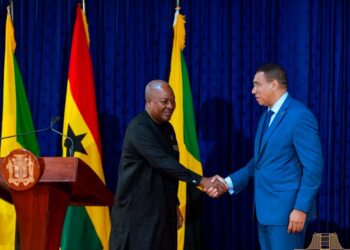 President John Dramani Mahama and Jamaican Prime Minister Andrew Holness shake hands following their joint media statement, reaffirming a renewed commitment to stronger Ghana–Jamaica relations, expanded economic cooperation and enduring Pan-African solidarity.