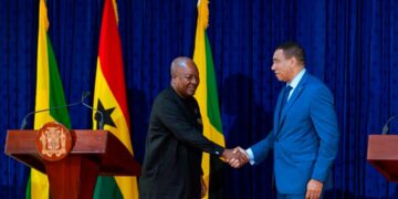 President John Dramani Mahama and Jamaican Prime Minister Andrew Holness shake hands following their joint media statement, reaffirming a renewed commitment to stronger Ghana–Jamaica relations, expanded economic cooperation and enduring Pan-African solidarity.