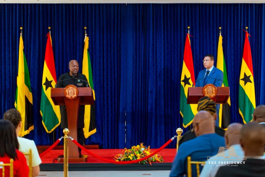 President John Dramani Mahama and Jamaican Prime Minister Andrew Holness address the media after bilateral talks, reaffirming Ghana and Jamaica’s commitment to deeper economic cooperation and Pan-African solidarity.