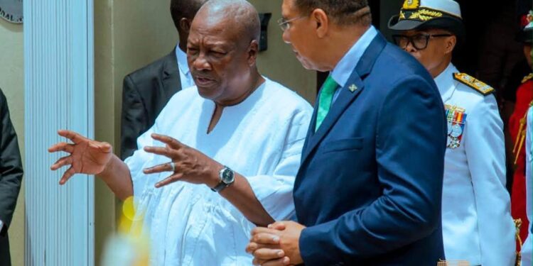 President John Dramani Mahama and Jamaican Prime Minister Andrew Holness shake hands following their joint media statement, reaffirming a renewed commitment to stronger Ghana–Jamaica relations, expanded economic cooperation and enduring Pan-African solidarity.
