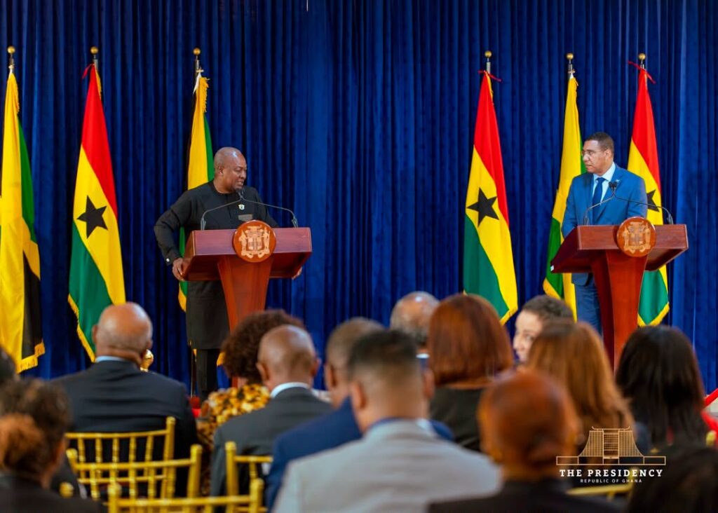 President John Dramani Mahama and Jamaican Prime Minister Andrew Holness address the media after bilateral talks, reaffirming Ghana and Jamaica’s commitment to deeper economic cooperation and Pan-African solidarity.
