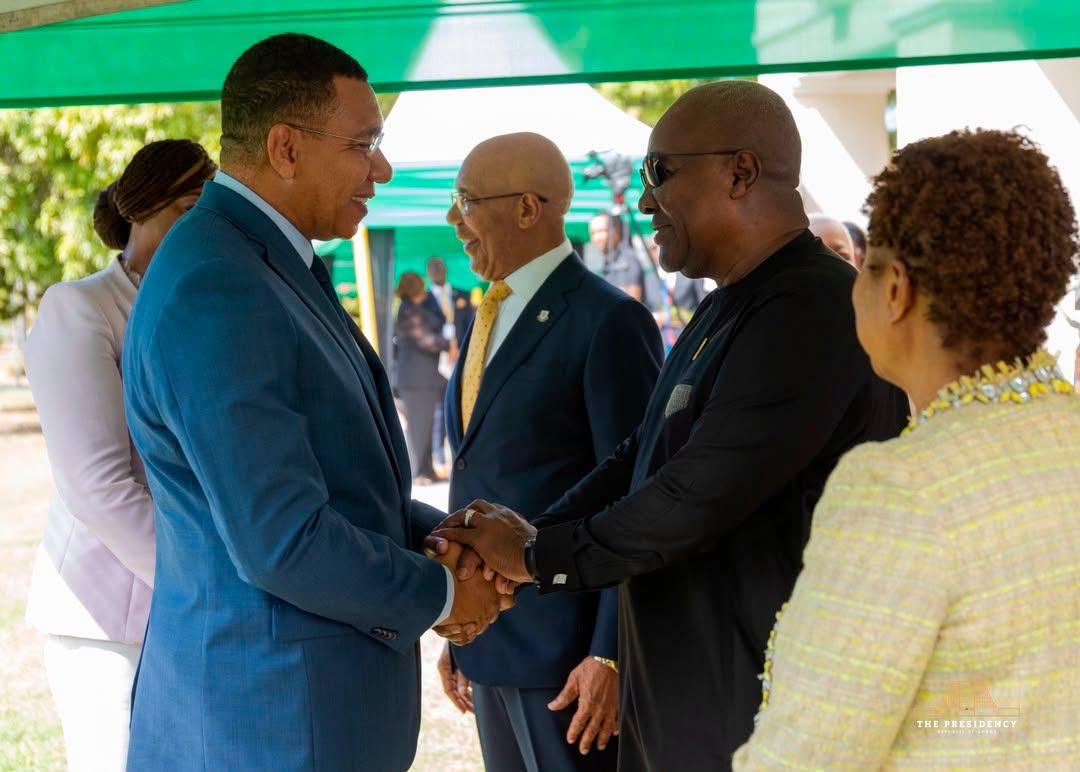 Jamaican Prime Minister Andrew Holness welcomes President John Dramani Mahama to Kingston, Jamaica 